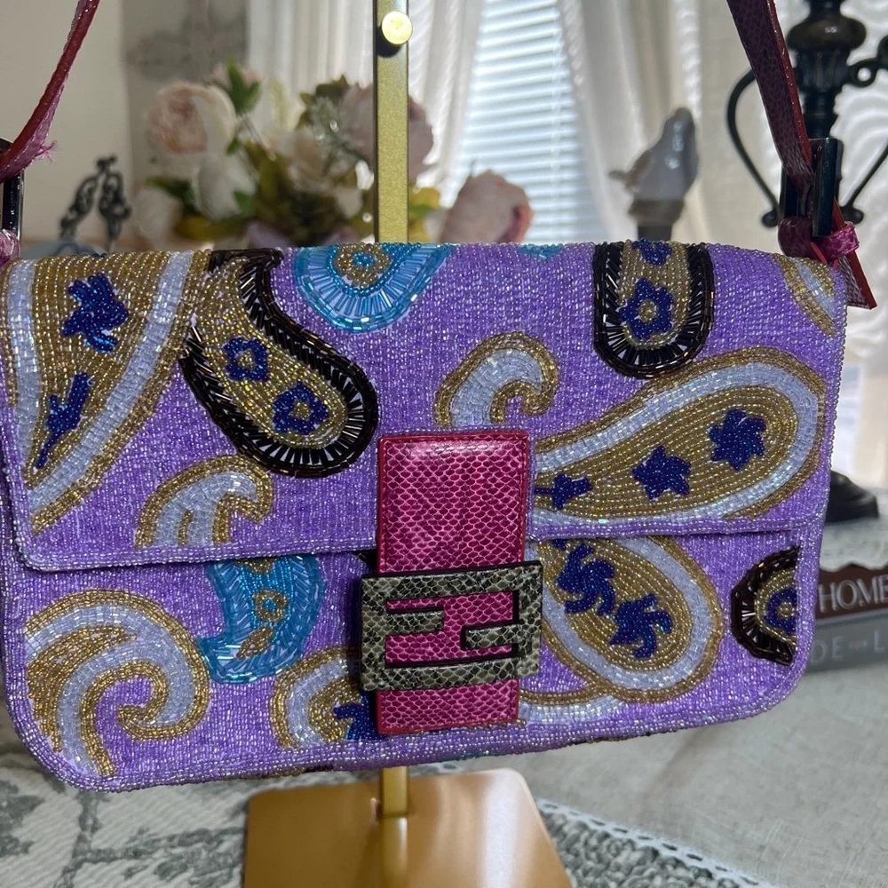 Rare Fendi Purple Beaded Paisley Shoulder Bag - Picture 2 of 12